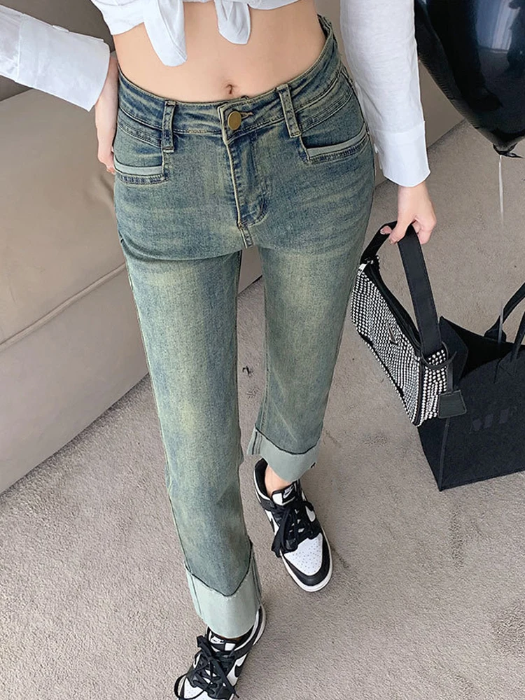 

Jeans Women 2022 High-waisted Korean Fasion Contrast Color Curly Bottom Y2k Straight-leg Pants Elastic Ankle Length Denim Pants