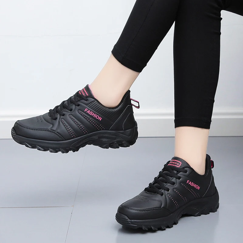 Women's Quality Leather Sneakers Casual Lightweight Sneakers Lace Up Trainers Comfortable Non-slip Flat Shoes Outdoor Hiking
