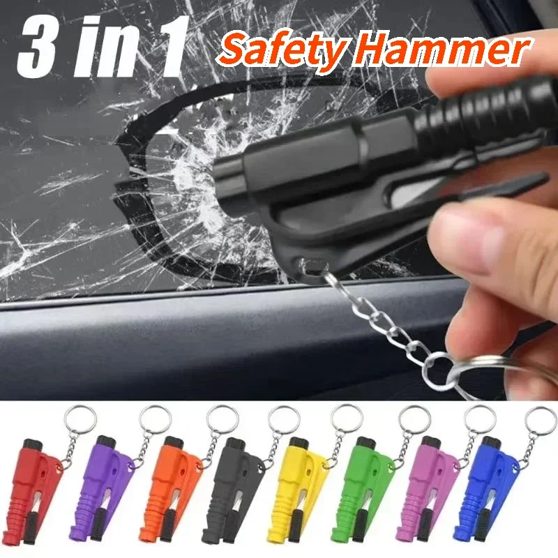 Safety Hammer with Rescue Whistle Keychain 3-in-1 Car Glass Window Breaker Seat Safety Belt Cutter Auto Emergency Escape Tool