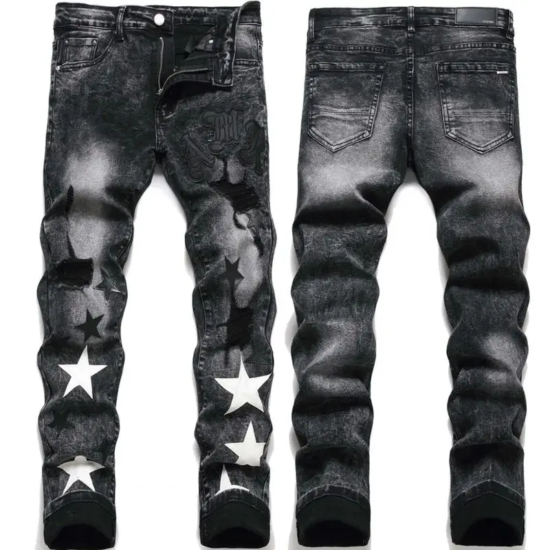 

EH·MD Star Embroidered Jeans Men Scraped Denim Pants Floral Trim Splash Ink Slim Cotton Stretch Leather Standard Black Trousers2