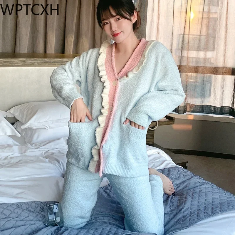 

WPTCXH Women Autumn Winter Sleepwear Half Side Velvet Pajamas Long Sleeve Two Piece Soft Plus Thick Home Wear Loungewear Set