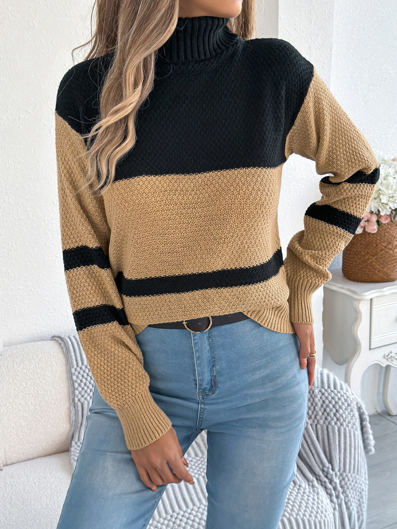 Women Striped Turtleneck Sweater Lantern Long Sleeve Knit