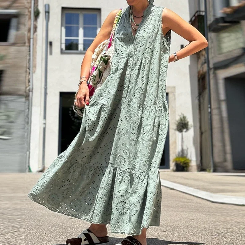

Кружевное платье с V-образным вырезом без рукавов, летнее свободное Плиссированное женское длинное платье, повседневное уличное платье разных цветов, женское платье