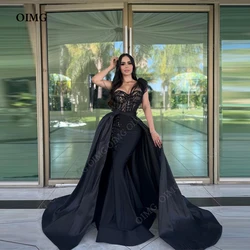OIMG Black Lace One Shoulder Prom Dresses Detachable Train Sleeveless Evening Gowns New 2023 Dubai Femme Formal Party Dress