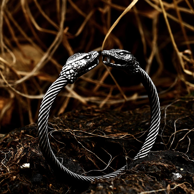 Beier Classic Animal Viking Double Wolf Head Adjustable 316L Stainless Steel Men's Bracelet Fashion Double Snake Heads Jewelry bangle bracelet stainless steel bracelet snake bangle bracelet