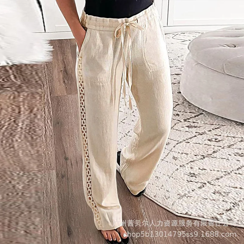 

Drawstring Hollow Out Casual Pants Summer Tight High Waist Trousers Women Loose Long Straight Pants Pockets Slim Fit New 2023