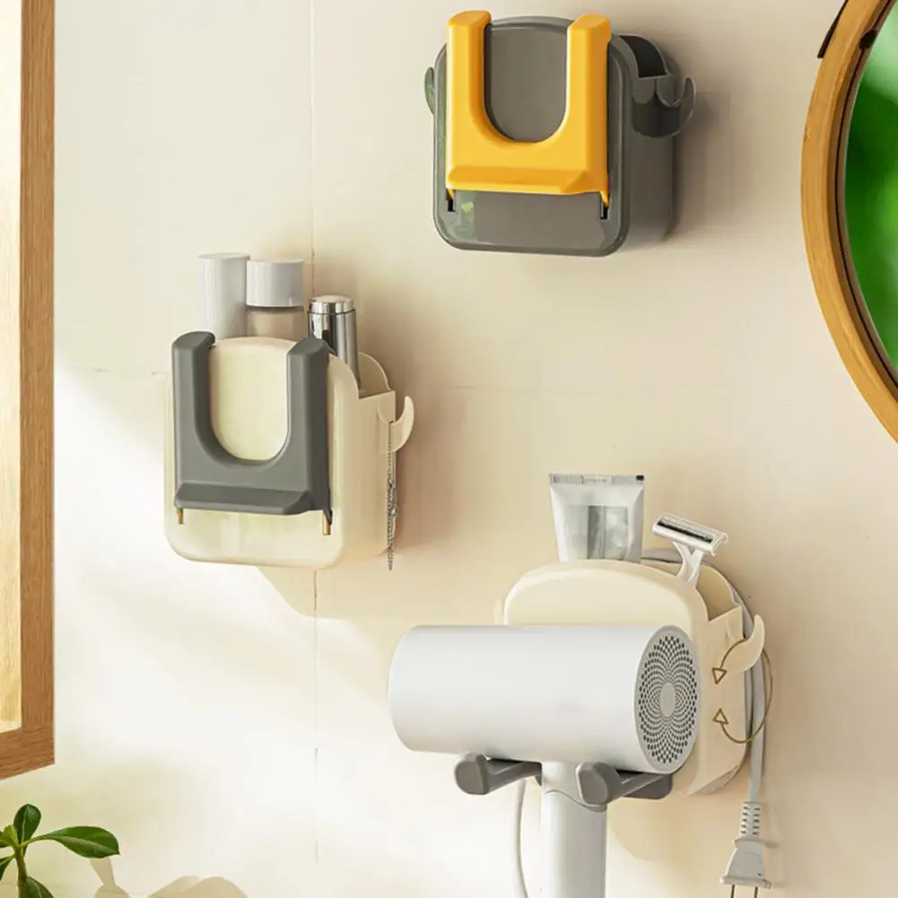 

Wall Mount Hair Dryer Holder With Integrated Hooks Foldable Bracket Universal Bathroom Hair Dryer Storage Organizer