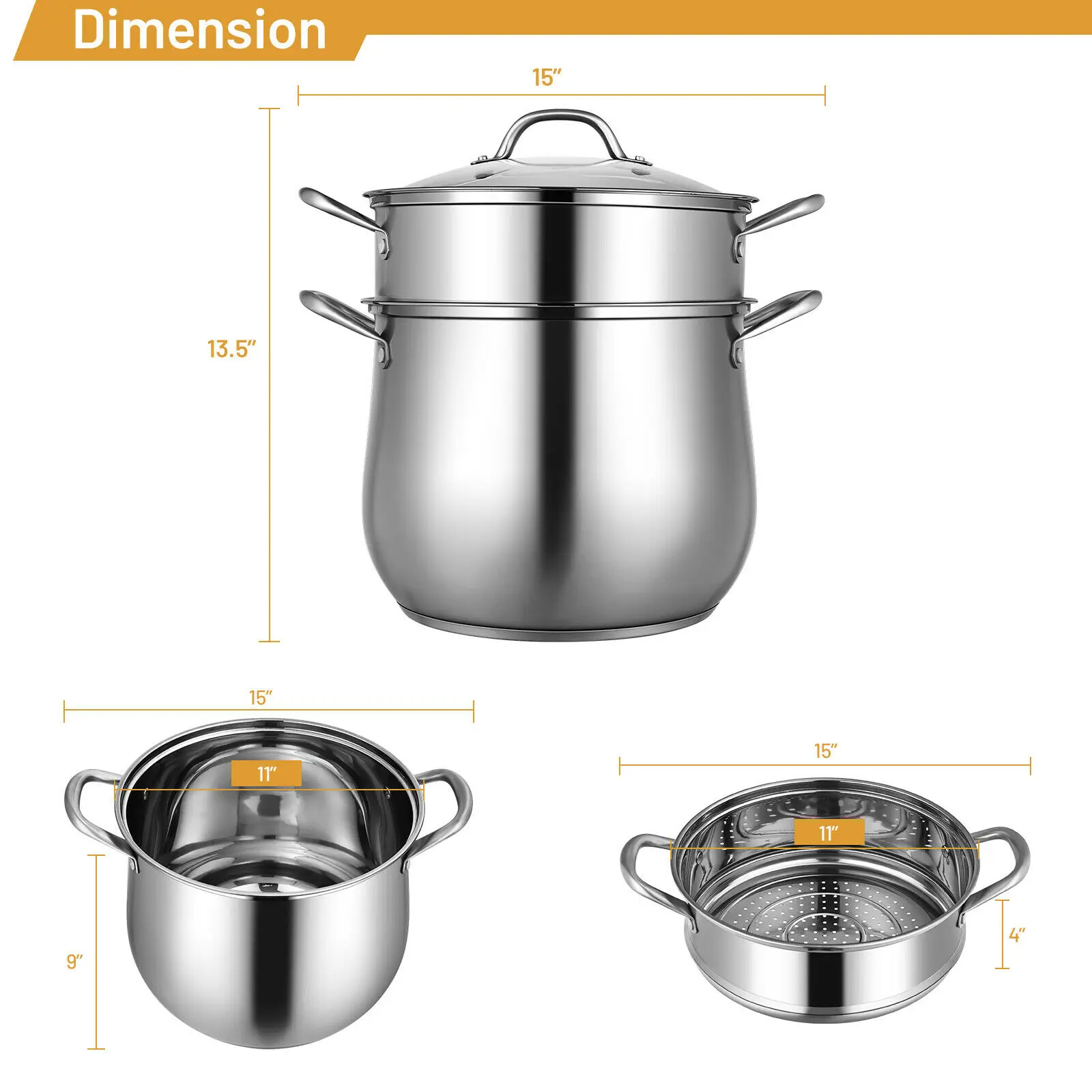 Costway 3-Tier Steamer Pot 304 Stainless Steel Steaming Cookware w