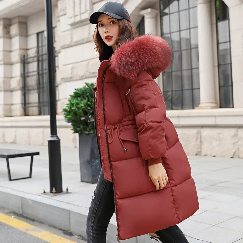 

Winter Women's Cold Coat Parkas Super Hot Coats Hooded Long Down Cotton Padded Jacket Mid Length Jackets Fashion Big Fur Collar