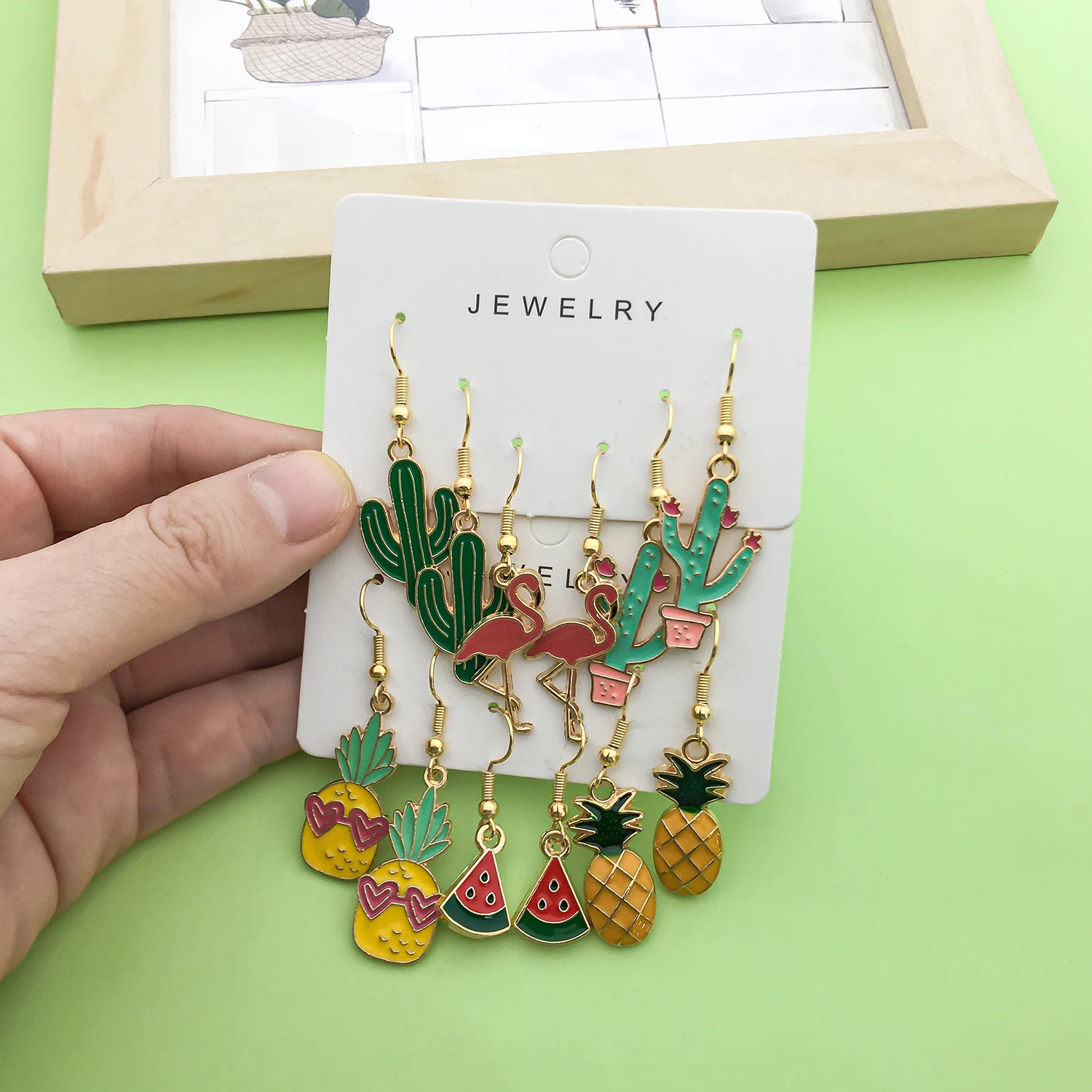 Enamel Funny fruit design earrings Cactus Design Charms Earrings Fashion Alloy Jewelry Women Girls Holiday Gifts 3 Pairs/Set
