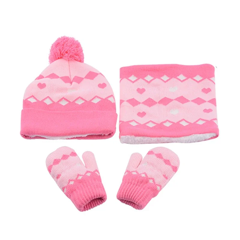 3pcs Children Winter Hat Scarf Gloves Set for 2-6Years Girls Beanies Knit Thick Fleece-lined Pink Purple Striped Winter Set Kids