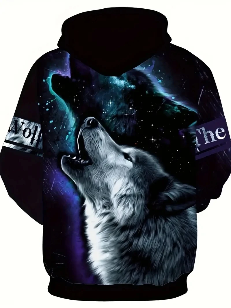 Men Clothing ,Wolf Graph 3D Print Men's Hoodie ,CasuaPullover Hooded Sweatshirt, Sporty Outdoor Apparel