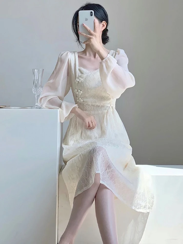 

Spring and Autumn New French First Love Gentle Style Dress Improved Cheongsam Design Waisted Long Sleeve Lace Dress