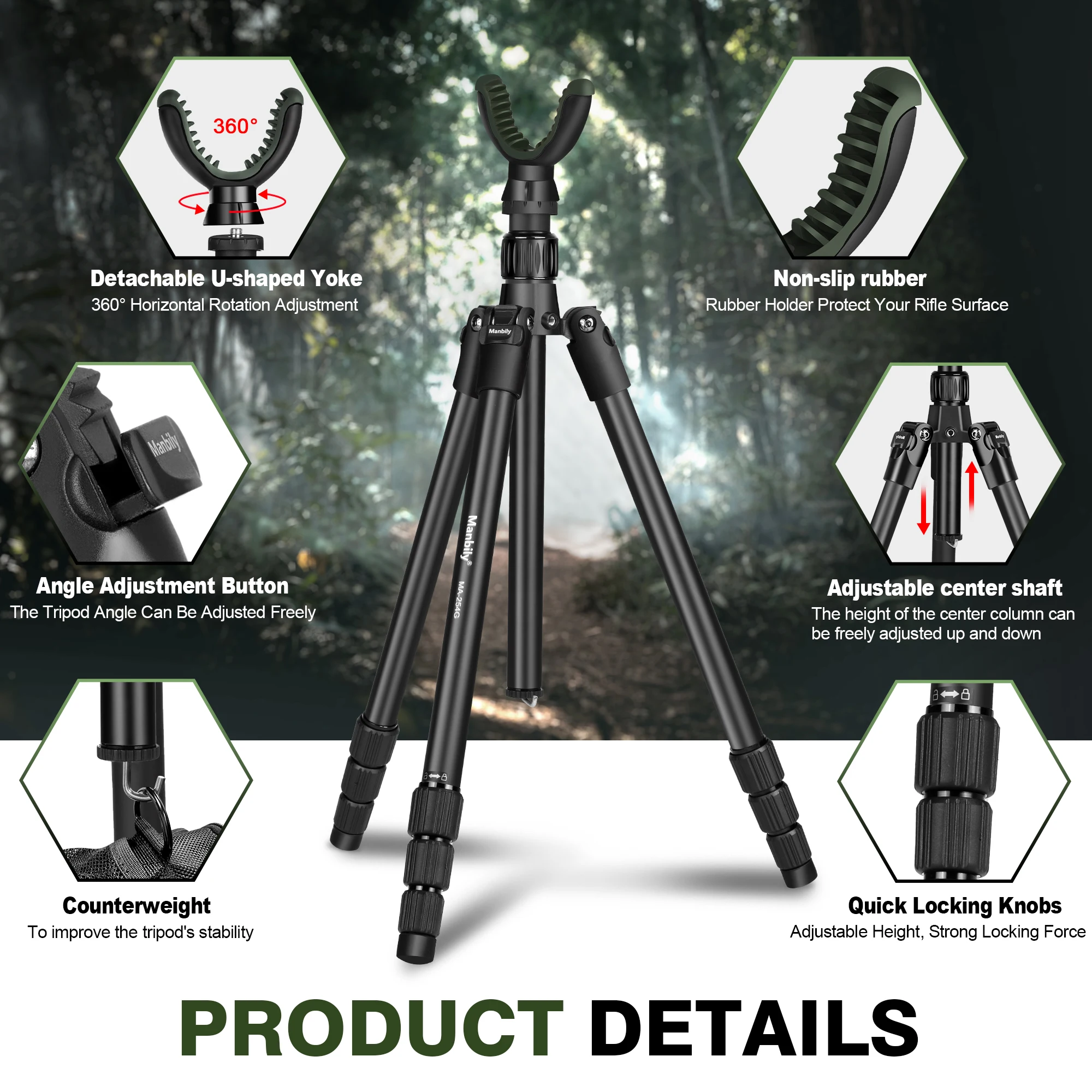 Manbily Hunting Tripod Rest Aluminum for Rifle with V-Yoke Shooting Stick Head Universal Camera Tripod MA-254G