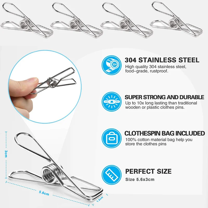 Wire Clothes Pins Clips Stainless Steel Long Tail Clips Hooks Hanging Universal Clip 6Pcs clothes clips