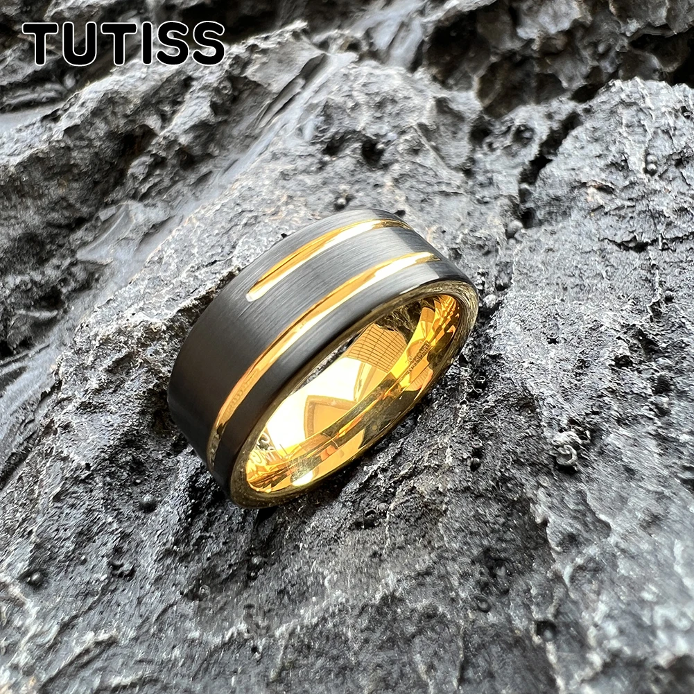 TUTISS 8mm Two Colors Cool Men Women Ring Tungsten Wedding Band With Special Groove Finish Comfortable Fit