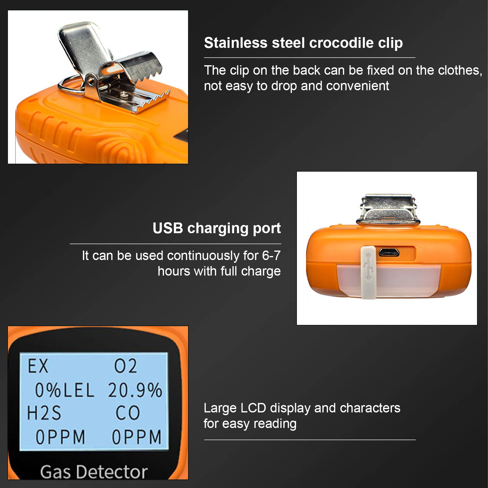 4in 1 Gas Detector CO H2S O2 EX Tester Analyzer Rechargeable LCD Display Sound Light Vibration Alarm Air Quality Tester