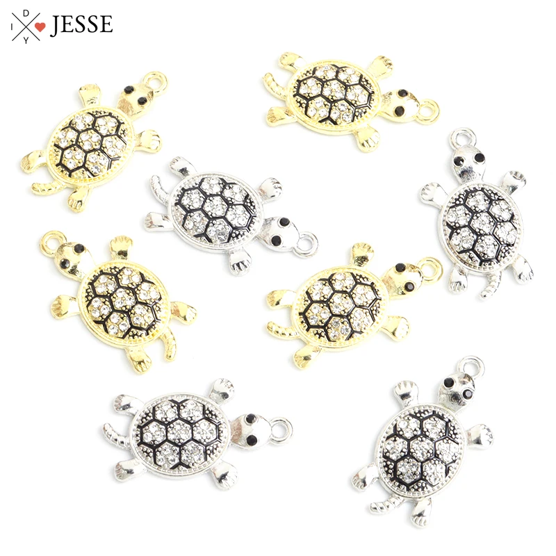 

10pcs Rhinestones Turtle Enamel Alloy Charm Gold/Silver Color Marine Animal Pendant Fit Men Woman Luxury Jewelry DIY Accessories
