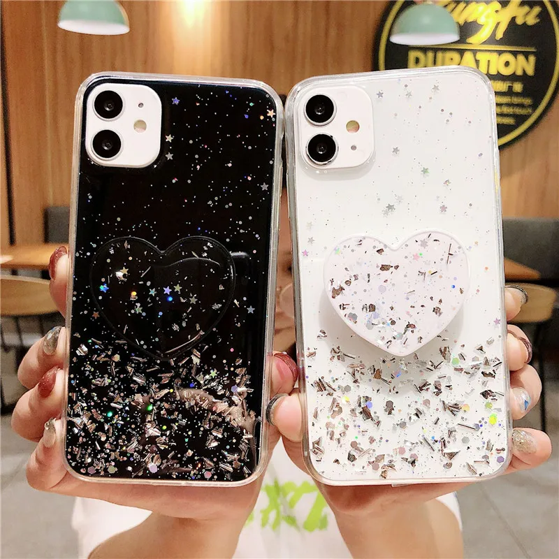 Capa dobrável com suporte de coração e estrelas brilhantes para Huawei Nova 8 Pro 8i 9Pro Nova 9 Mate 20 Lite Mate 10 30 Silicone macio Stan_voghion.com