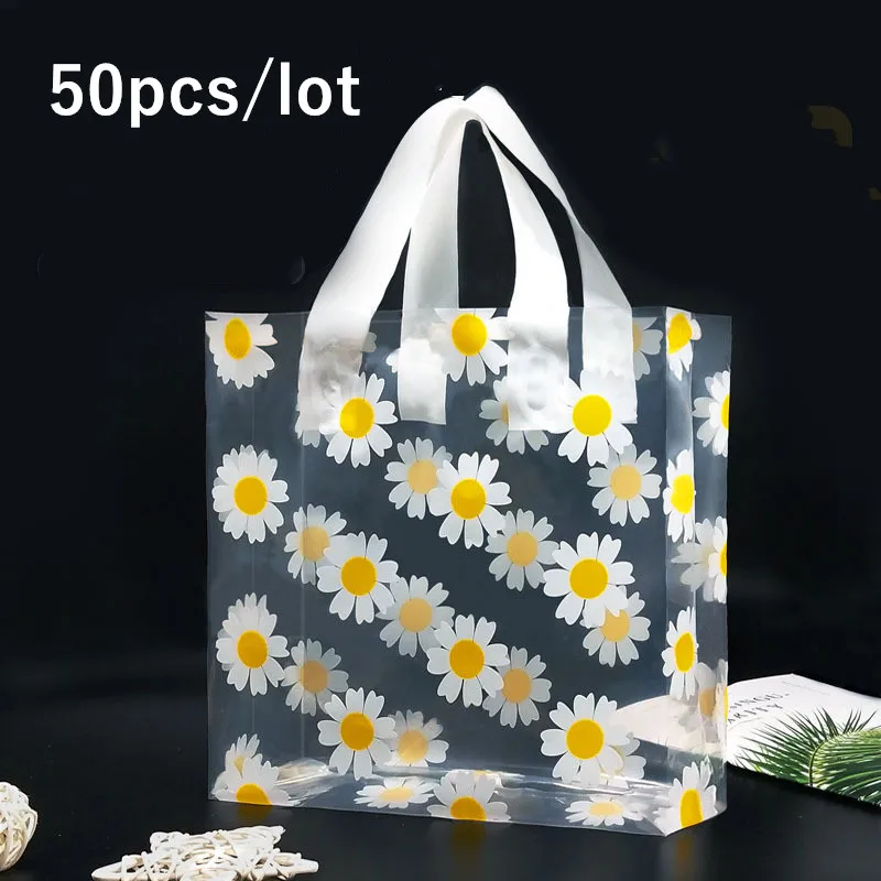 

50 Pcs Transparent Small Daisy Portable Clothing Gift Bag Shopping Plastic Plastic Bag Women's Gift Bag Packaging Bag