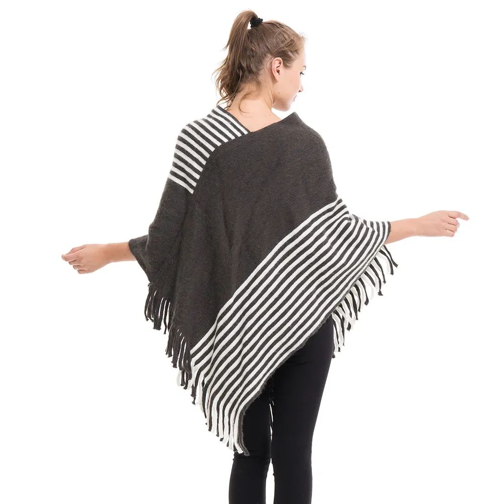 2024 Fashion Women's Striped Knitted V-Neck Poncho Cape Coat Shawl Cloak with Tassel One Size Dropshipping