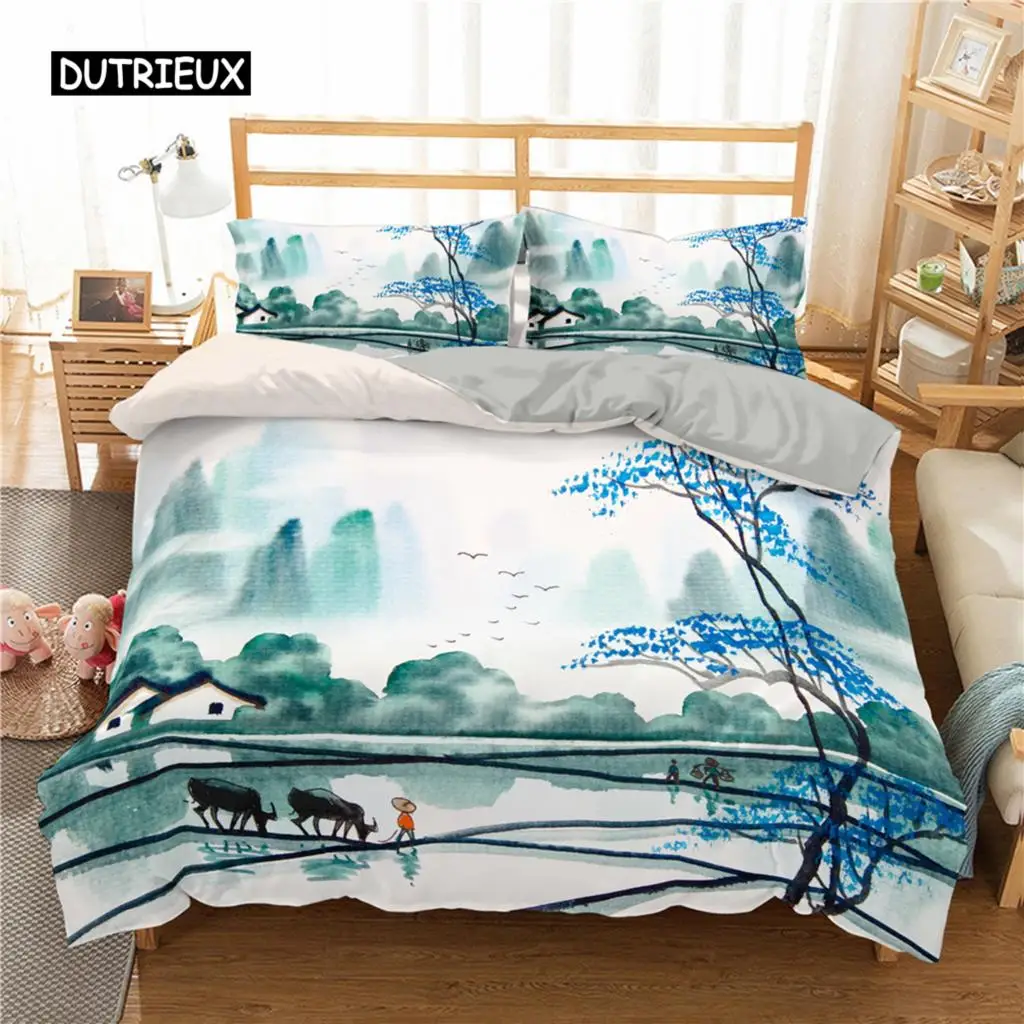 

Ink Painting King Queen Duvet Cover Chinese Landscape Painting Bedding Set Adults Idyllic Scenery Mountain Polyester Quilt Cover