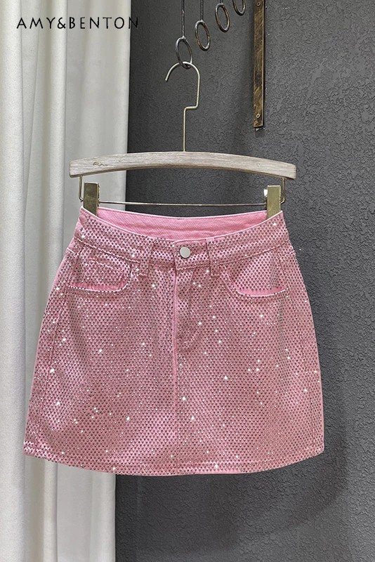 2024 Summer New Sweet Hot Girl Sexy Mini Skirt High-End Personality Diamond Embedded Pink Denim Skirt Women Pink A-line Skirts боди candy girl diamond фиолетовое os