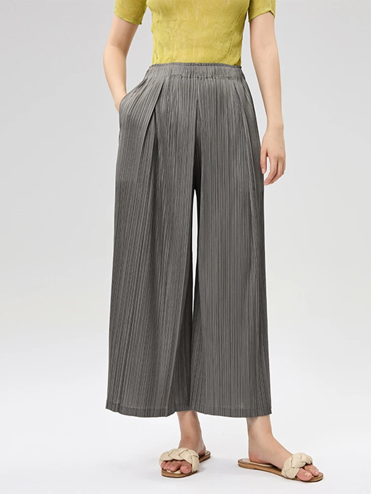 LANMREM Folded Design Elastic High Waist Women's Trousers 2026 New Summer Pleated Wide Leg Pants With Pockets Chic Cloth 2DB3511