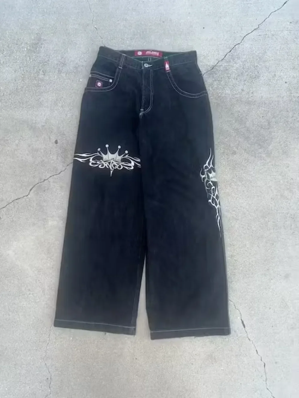 JNCO Y2K 힙합 레트로 자수 헐렁한 청바지, 블랙 바지, 남녀공용 하라주쿠 고딕 하이 웨이스트 와이드 레그 바지, 신제품