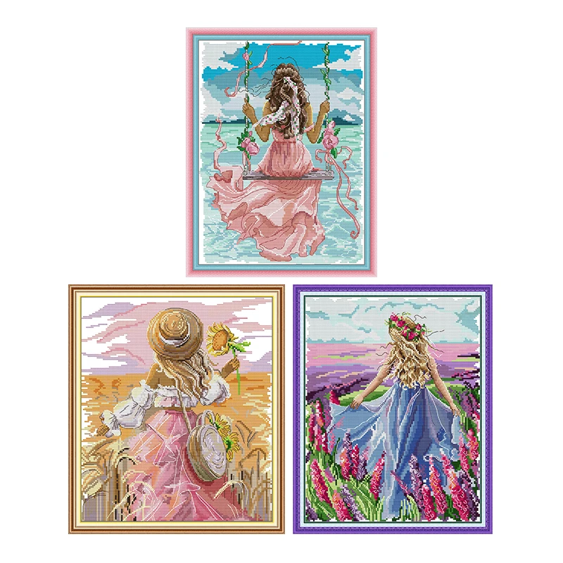 Sonnenblumen-Mädchen Kreuzstich-Sets Aida 14ct 11ct Vorgedruckte Leinwand Meerblick-Mädchen Kreuzstich-Nadelstickerei DIY Handarbeit