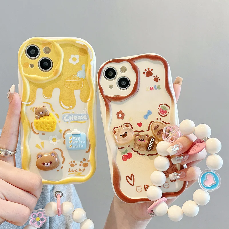 

Curly Wave Edge Cream Rabbit Phone Case For Samsung Galaxy A04S M02 A02S A03S A10S A11 A12 A13 A20S Flowers Wrist Strap Cover