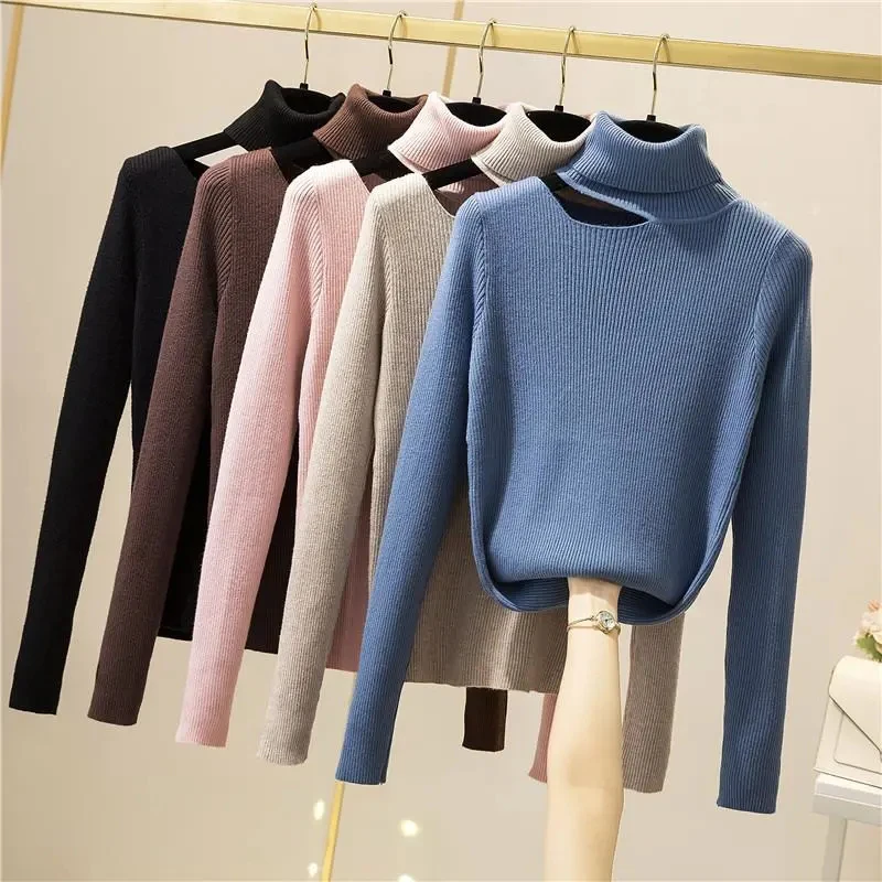 

Lucyever Hollow Out Turtleneck Pullover Sweater Women Korean Basic Long Sleeve Inner Sweater Ladies Stretch Soft Ribbed Knit Top