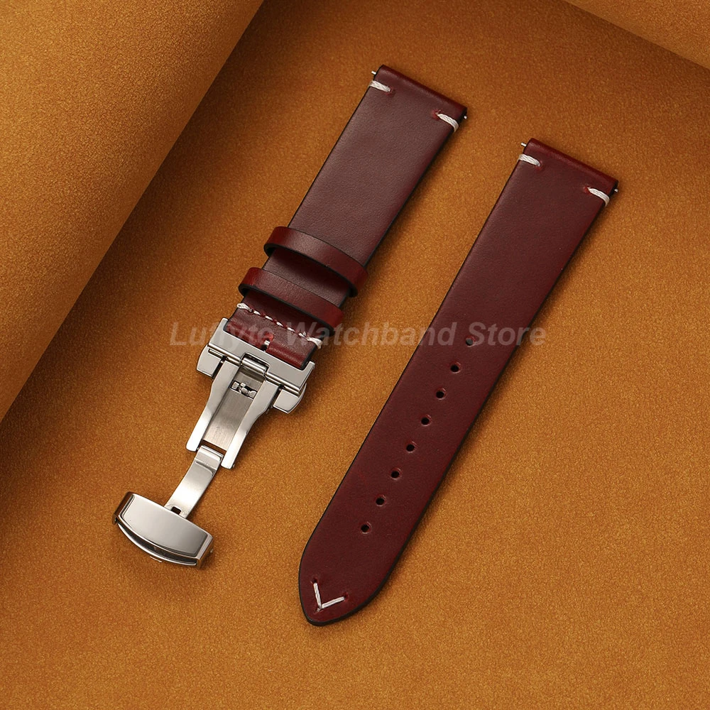 Men's Premium Oil Wax Leather Watch Band with Butterfly Buckle & Quick Release