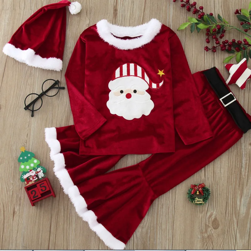 

Baby Girl Christmas Outfits For Kids Santa Claus Cosplay Red Velvet Top+ Belted Pants +Hat New Year Costume Children Fleece Sets