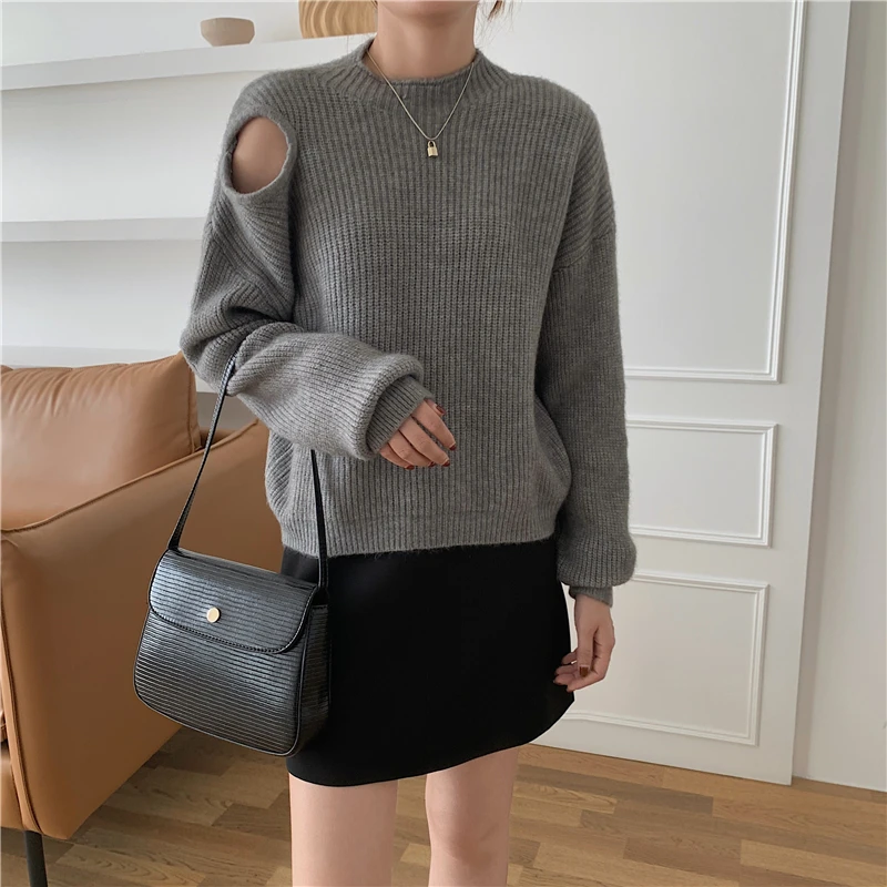 HziriP Off Shoulders Sexy Hole Women Sweaters Pullover Outwear New Chic Jumpers All Match Streetwear Loose Stylish Femme Knitted brown cardigan