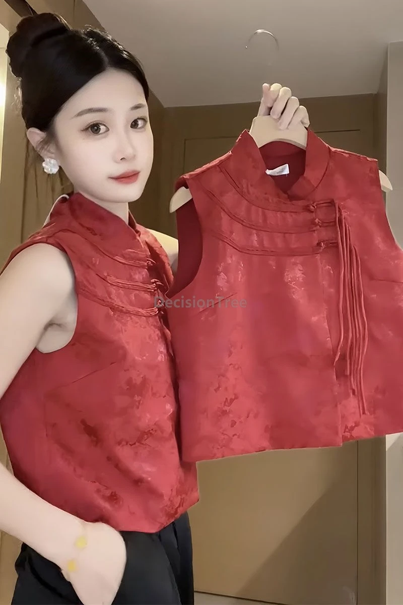 2025 new chinese style printed retro waistcoat women spring and autumn tassek buckle cheongsam vest sleeveless tang suit vest