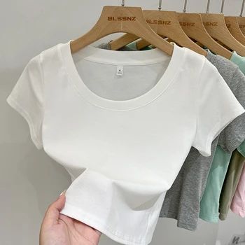 Zjaiss 2026 Summer New Solid Color Versatile Gray T-shirt Women Basic Cotton U-Neck Tee Fashion Short Sleeve Crop Top 10 Colors