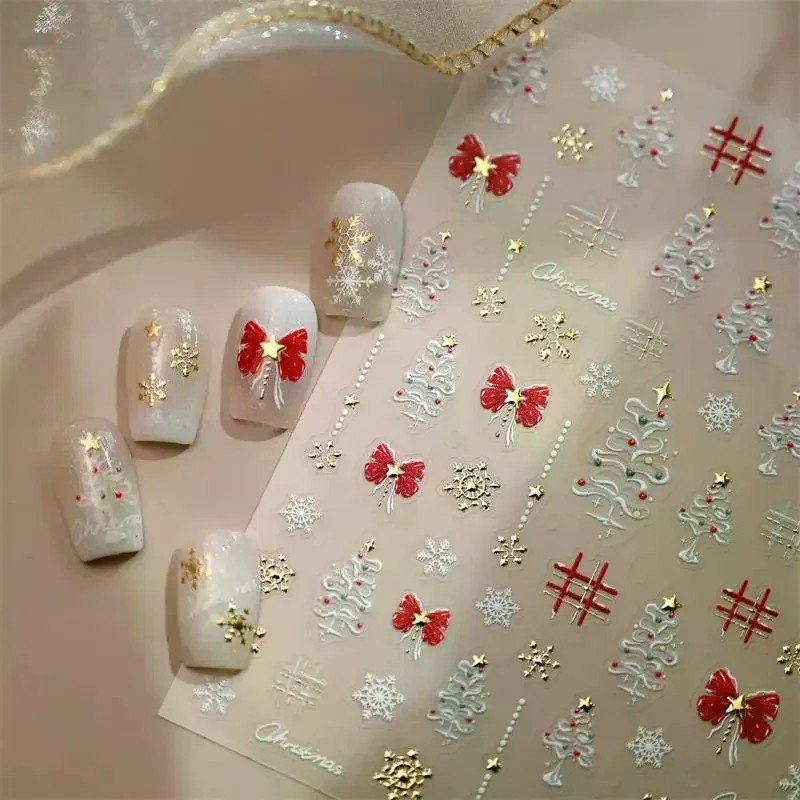 1sheet Cute DIY Christmas Embossed Nail Stickers - White Christmas Tree Snowflake Red Bow Prints, Festive 3D Manicure Decor