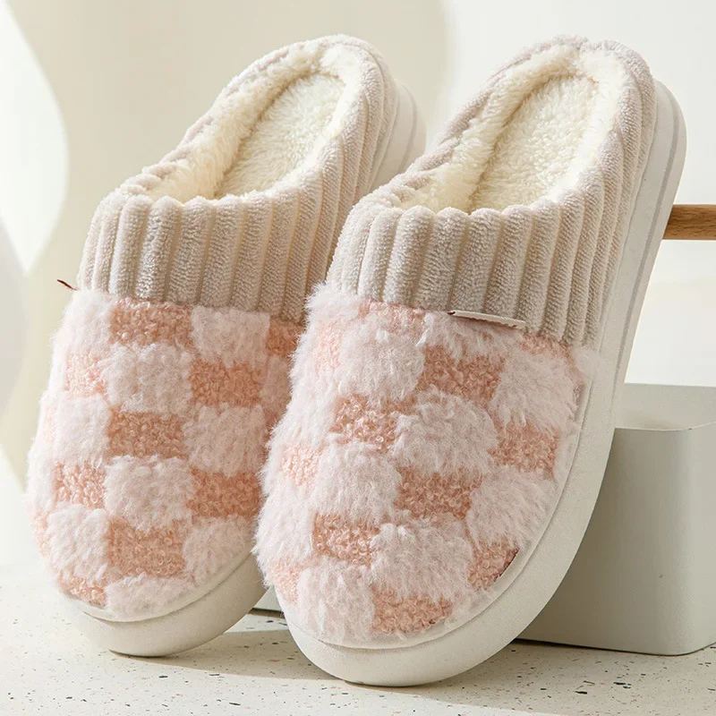 Fashion Couple Winter Toe Wrap Warm Plaid Cotton Slippers Thick Soft Sole Slides Men Women Indoor Floor Flat Home Non-slip Shoes 2