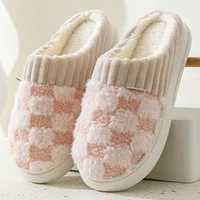 Fashion Couple Winter Toe Wrap Warm Plaid Cotton Slippers Thick Soft Sole Slides Men Women Indoor Floor Flat Home Non-slip Shoes 2