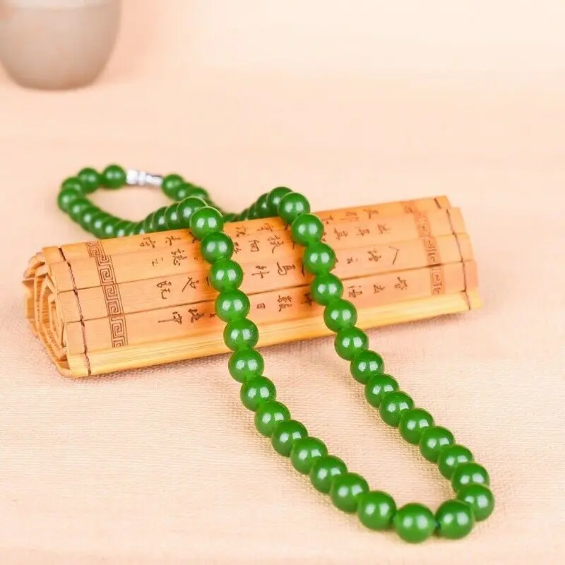 

8/10MM Green Natural Jade Necklace Jasper Round Beads String jewelry China Hand Carving Jewelry Fashion Amulet Women Gifts
