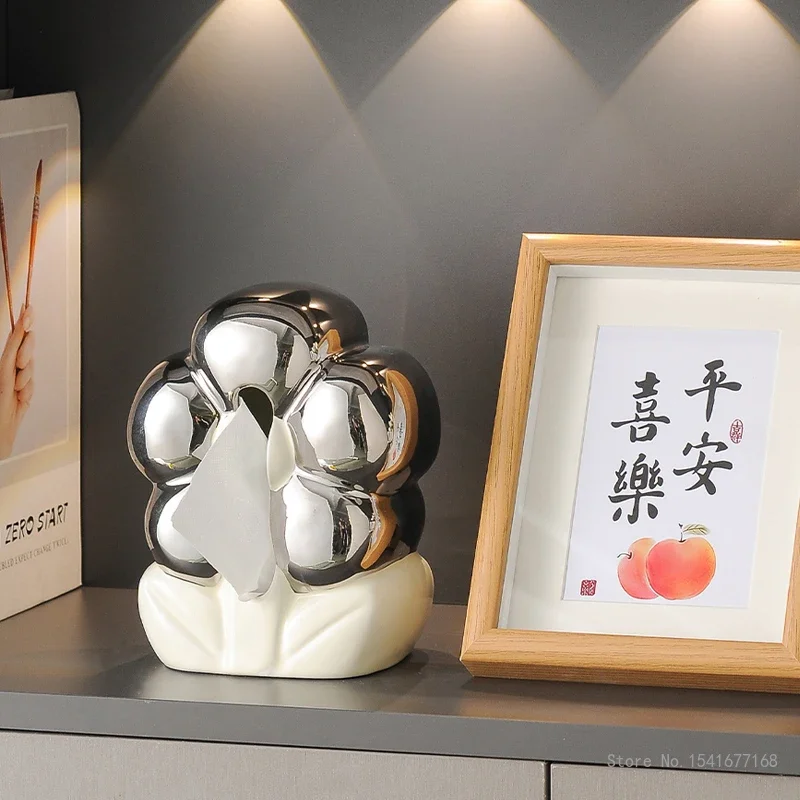 Ceramic Tissue Box Nordic Style Creative Beige Electroplated Silver Home Living Room Bedroom Bathroom Dining Table Decoration1Pc