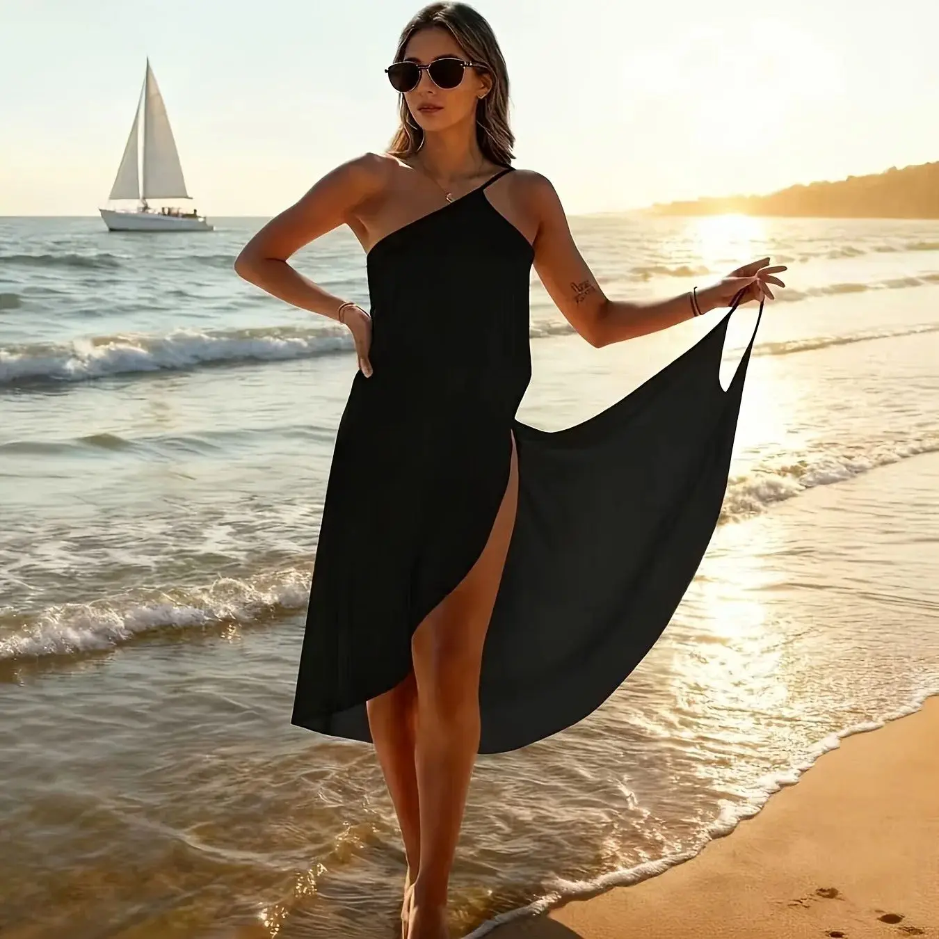 Ladies' Black Beach Cover-Up One-Shoulder Wrap Dress Perfect for Poolside Vacations with a Beach Towel And Spaghetti Straps 1