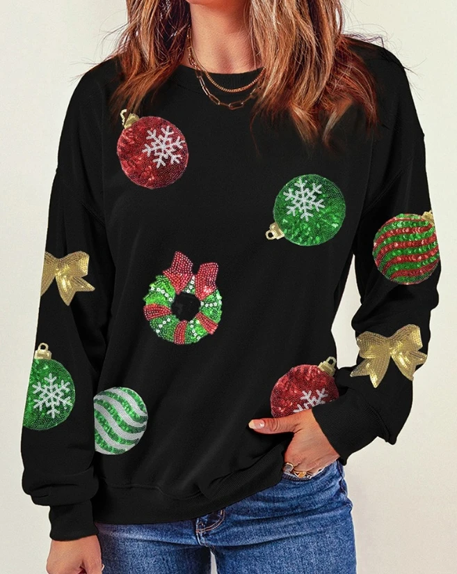 Women's Y2K Casual Hoodies Autumn Winter New Christmas Wreath Bowknot Pattern Contrast Sequin Sweatshirt Versatile Pullover Top