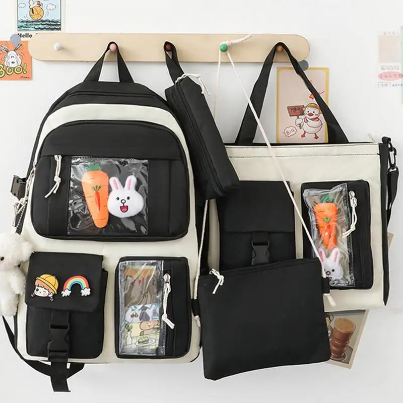 

4 in 1 Kawaii Women School Backpack Set Cute School Bags For Girls Kids Canvas Waterproof Travel Bagpack Children Rucksack