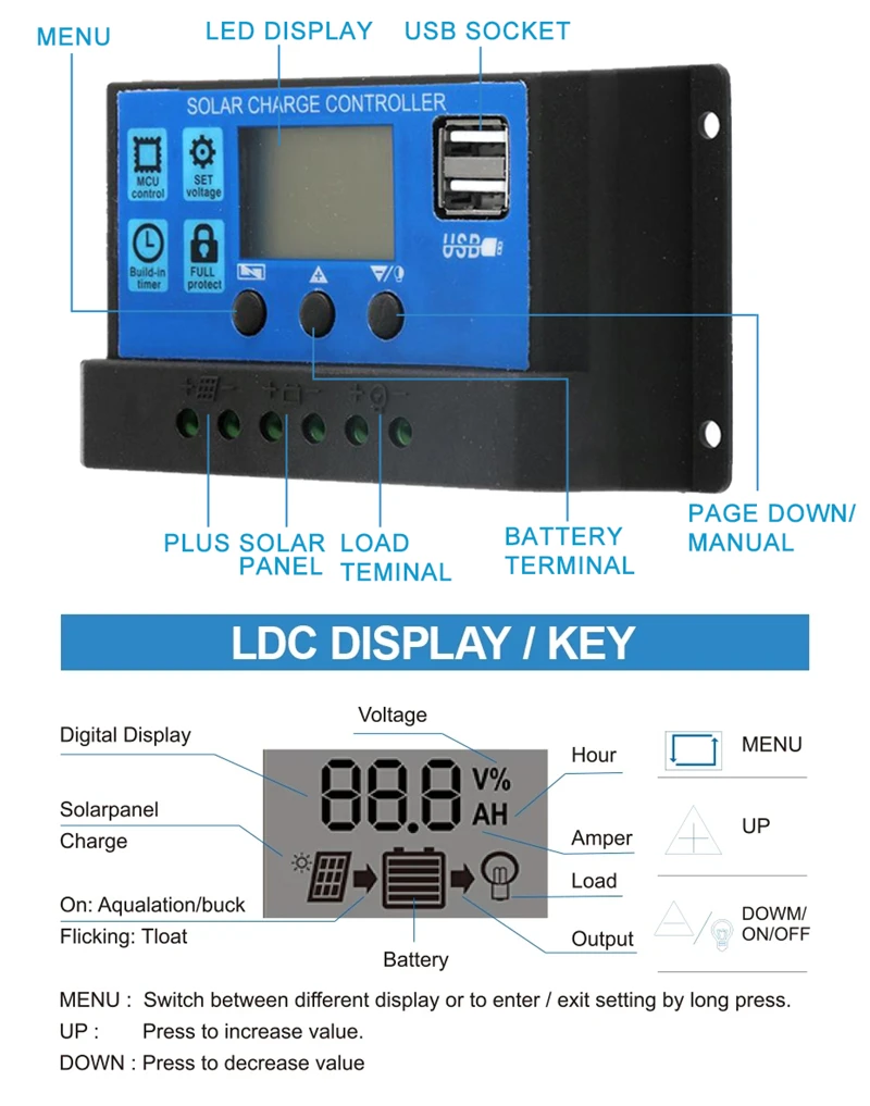 Solar Battery Charge Controller Solar Charger Solar Charge Controller 12V/24V 10A-100A Automatic Solar Panel Controller Regulator Universal USB 5V Charging LCD Display