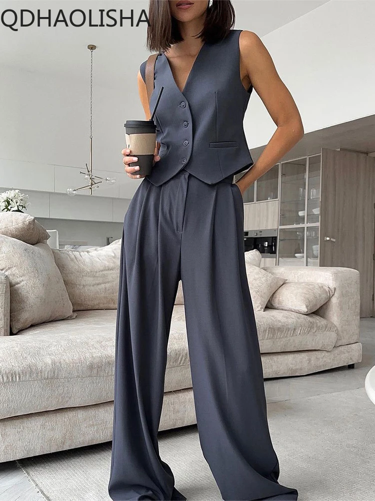 

Sets for Women 3 Pieces Autumer Winter Suit Pants Set V Neck Vest Suit Coat Wide Leg Pants Set Elegant Casual Groups of Pant New