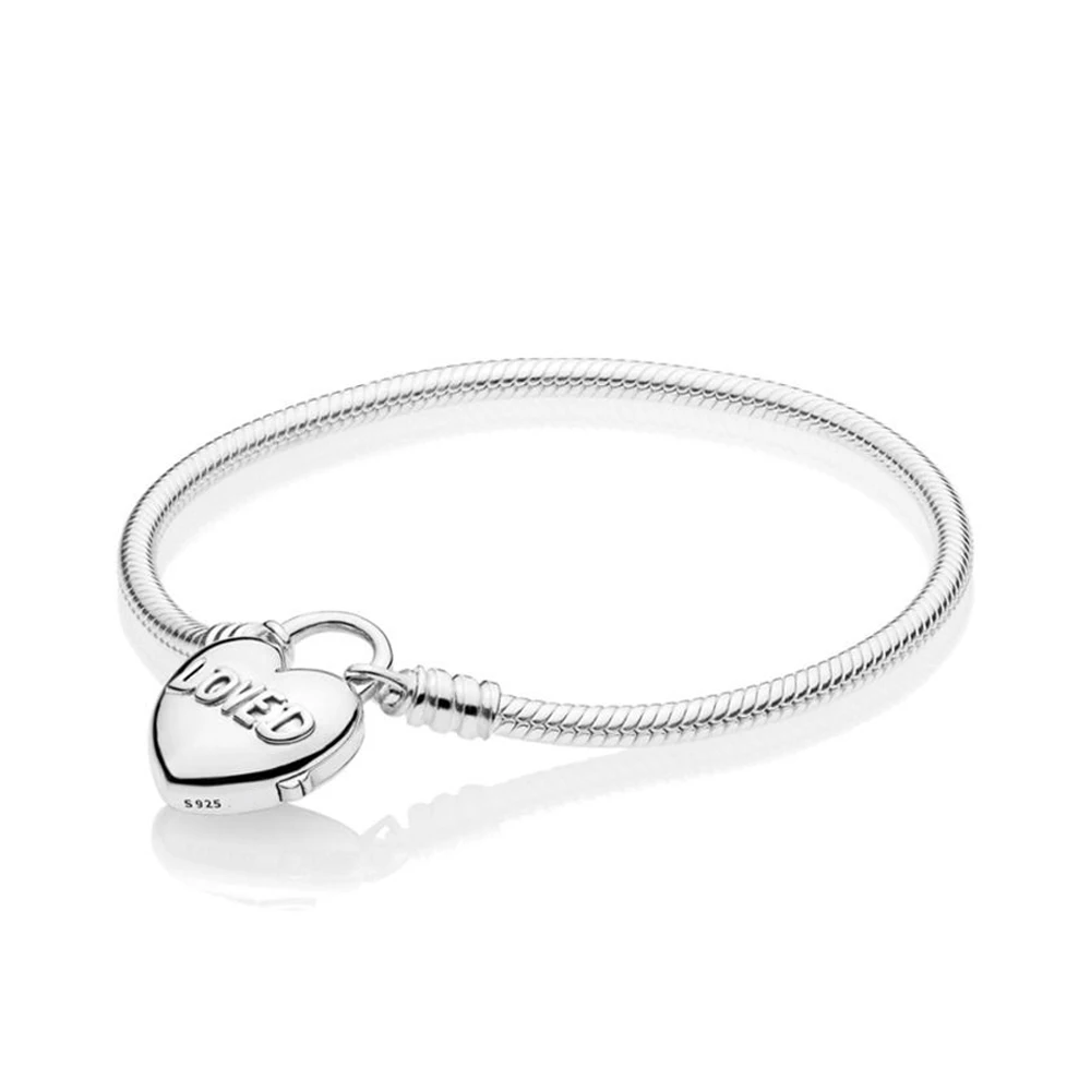 

925 Sterling Silver Moments You Are Loved Heart Padlock Clasp Fashion Snake Chain Bracelet Fit Women Bead Charm Gift DIY Jewelry