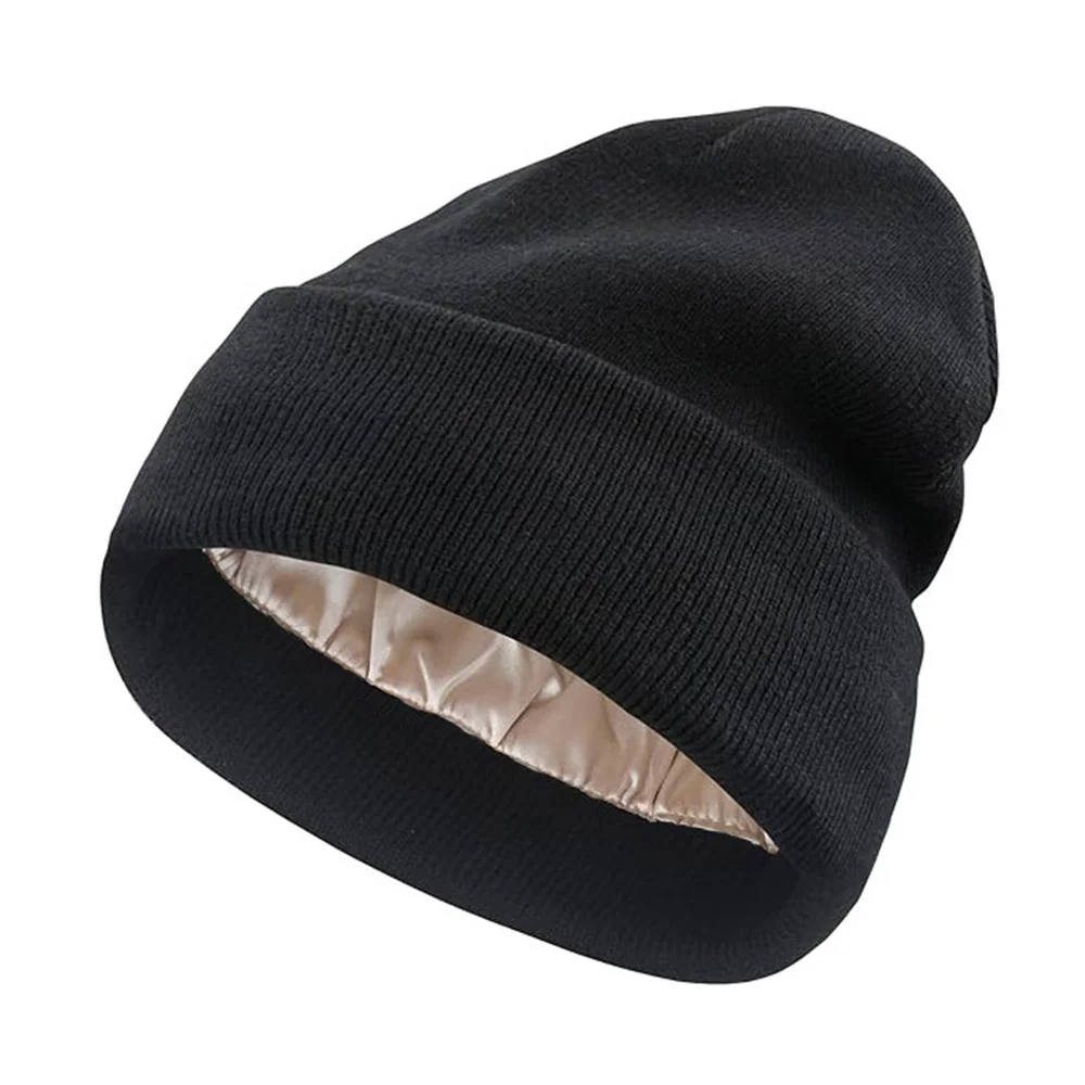 Satin Lined Anti Static Beanie for Women Winter No Static 2 Layer Knitted Hat Silk Satin Bonnet Hair Cover Sleep Cap SkiSkullies