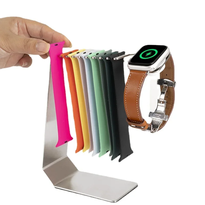 Premium Metal Apple Watch Stand with Storage Strap for Organization Smart Watch Charging Bracket Easy Replace Strap Space Saving